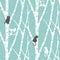 Seamless trendy pattern with abstract birch trees, cats and snow. Floral winter vintage wallpaper. Fanny vector