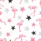 Seamless trendy pattern with watercolor flamingo and stars.