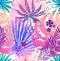 Seamless trendy pink pattern with exotic palm leaves and Monstera. Vector botanical illustration, design element for for