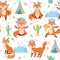 Seamless tribal fox pattern. Cute foxes in Indian feather warbonnet, wild animal and tribals tent cartoon vector