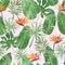 Seamless tropic pattern with watercolor strelitzia flowers and leaves.