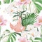 Seamless tropical exotic flowers and green leaves pattern on light background.