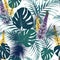 Seamless tropical flower pattern background. Lupine flowers, jungle leaves, on light background.