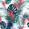 Seamless tropical flower pattern background. Protea flowers, jungle leaves, on light background.