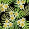 Seamless tropical flower. Tropical flowers and jungle palms. Beautiful fabric pattern with a tropical flowers over background.