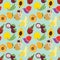 Seamless tropical fruit pattern with mangosteen, nactarine, fig, mango, longan, banana, dragon fruit and canistel on turquoise