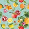 Seamless Tropical Fruits Pattern. Pomegranate, Lemon, Orange