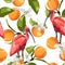 Seamless Tropical Fruits and Toucan Pattern in Vector. Pomegranate, Lemon, Orange Flowers, Leaves Background.