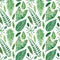 Seamless tropical leaves pattern. Watercolor botanical summer illustration with green protea, palm, banana, acacia leaf