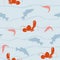 Seamless tropical marine pattern background with lobster, shrimp, fish isolated on blue background.