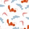 Seamless tropical marine pattern background with lobster, shrimp, fish isolated on white background.