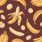 Seamless tropical pattern with fresh banana bunches and peeled slices. Endless fruity texture design for printing and