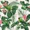 Seamless tropical pattern with leaves, flowers and parrots.