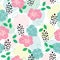 Seamless tropical pattern with leaves, hibiscus, cheetah prints, geometric shapes