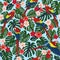 Seamless tropical pattern, monstera leaves, Chinese rose flowers, red ara parrots on a blue background.