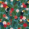 Seamless tropical pattern, monstera leaves, Chinese rose flowers, red ara parrots, toucan birds on a blue background.