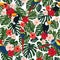 Seamless tropical pattern, monstera leaves, Chinese rose flowers, red ara parrots, toucan birds on a white background.