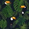Seamless tropical pattern, monstera and palm leaves, toucan birds on a black background.