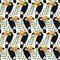 Seamless tropical pattern, palm leaves, toucan birds on a white background.