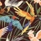 Seamless tropical pattern with parrots in jungles. Endless background with exotic birds and palm leaves. Repeatable