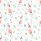 Seamless tropical pattern with pink flamingos, crown, leaves, cacti,monstera.Vector summer hand-drawn illustration of a flamingo