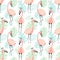 Seamless tropical pattern with pink flamingos, crown, leaves, monstera, palm leaf. Vector summer hand-drawn illustration of a