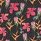 Seamless tropical pattern, vivid tropic foliage, with bird of paradise flower, heliconia, protea, hibiscus in bloom.
