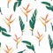 Seamless tropical pattern, vivid tropic foliage, with palm leaves, bird of paradise flower, heliconia in bloom.
