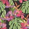 Seamless tropical pattern, vivid tropic foliage, with palm leaves, bird of paradise flower, heliconia in bloom, hibiscus.