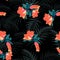 Seamless tropical pattern, vivid tropic foliage, with palm leaves and exotic orange hibiscus flowers.