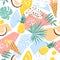 Seamless tropical summer pattern with ice cream, pineapple and abstract elements.