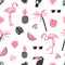 Seamless tropical trendy pattern with watercolor flamingo, watermelon slices and palm leaves.
