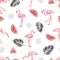 Seamless tropical trendy pattern with watercolor flamingos, watermelon and palm leaves.