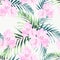 Seamless tropical vector pattern with paradise pink rhododendron flowers and exotic palm leaves on dark blue background.