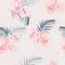 Seamless tropical vector pattern with paradise pink rhododendron flowers and exotic palm leaves on tender peach background.