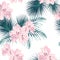 Seamless tropical vector pattern with paradise pink rhododendron flowers and exotic palm leaves on white background.