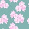 Seamless tropical vector pattern with paradise pink rhododendron flowers on mint background.