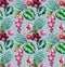 Seamless tropical wallpaper with pink flowers and green palm leaves, botanical pattern
