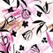 Seamless tulip flowers background pattern, with leaves, paint strokes and splashes, floral pattern,