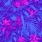 Seamless Ultraviolet Hawaiian tropical pattern with, palm leaves and flowers.