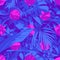 Seamless Ultraviolet Hawaiian tropical pattern with, palm leaves and flowers.