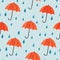 Seamless umbrellas and rain drops pattern. Watercolor Autumn background