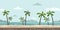 Seamless unending background for arcade game. Sandy beach with palm trees and clouds in the blue sky. Vector