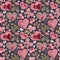 Seamless valentine pattern with colorful vintage pink and brown butterflies, flowers, hearts on black background. Vector.