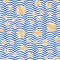 Seamless vector with abstract shell gold texture on blue and white stripes. Golden vintage background