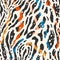 Seamless vector abstract zebra pattern in vibrant orange, deep blue, and bold black colors. Modern print for Fabric