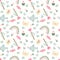 Seamless vector background. Cute pictures of rainbows, hearts, birds, magic wand, candies and branches.