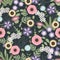 Seamless vector background of flat cartoon field flowers and herbs