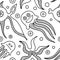 Seamless vector black and white background with hand drawn decorative childlike fish, jellyfish, octopus, starfish. Graphic illust