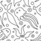 Seamless vector black and white background with hand drawn decorative childlike fish, jellyfish, octopus, starfish. Graphic illust